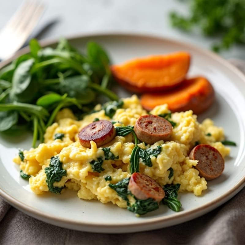 Egg White and Turkey Sausage Scramble with Spinach and Roasted Sweet Potato