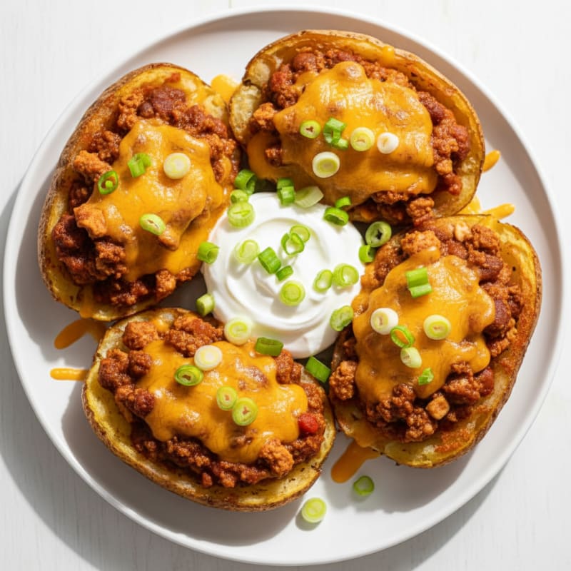Hearty Chili Cheese Potato Skins