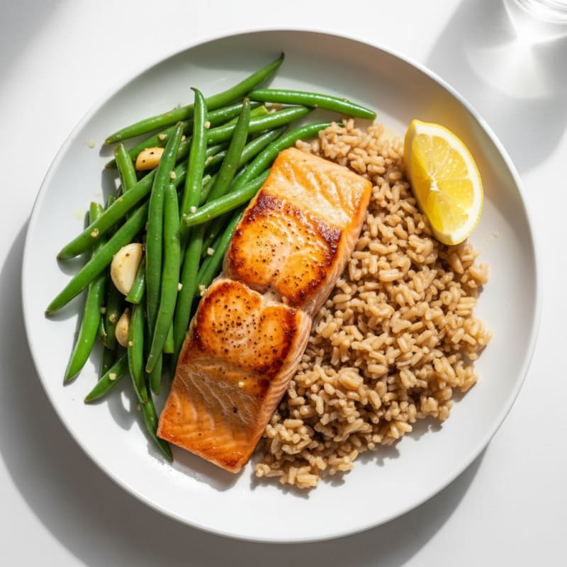Pan-Seared Salmon with Garlic Green Beans and Brown Rice