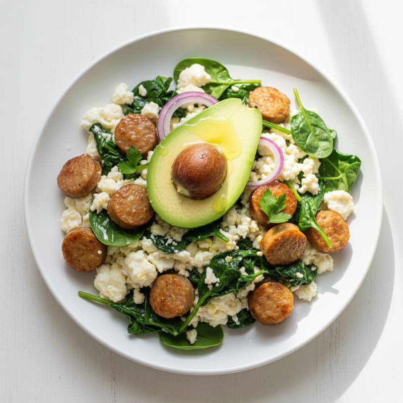 Egg White and Turkey Sausage Scramble with Sautéed Spinach