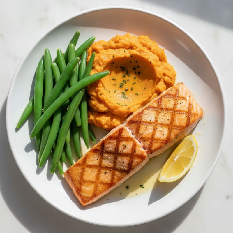 Seared Salmon with Steamed Green Beans and Garlic Sweet Potato Mash