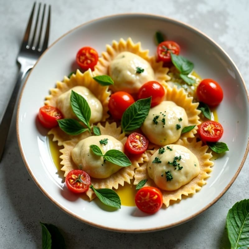 Spinach and Ricotta Ravioli with Blistered Tomatoes and Fresh Basil