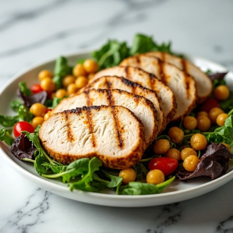 Grilled Turkey Breast Salad with Roasted Chickpeas and Mixed Greens