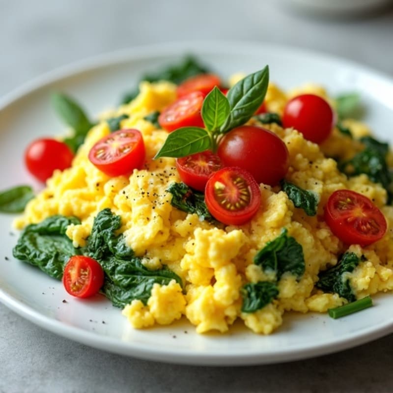 Fluffy Scrambled Eggs with Fresh Spinach and Cherry Tomatoes