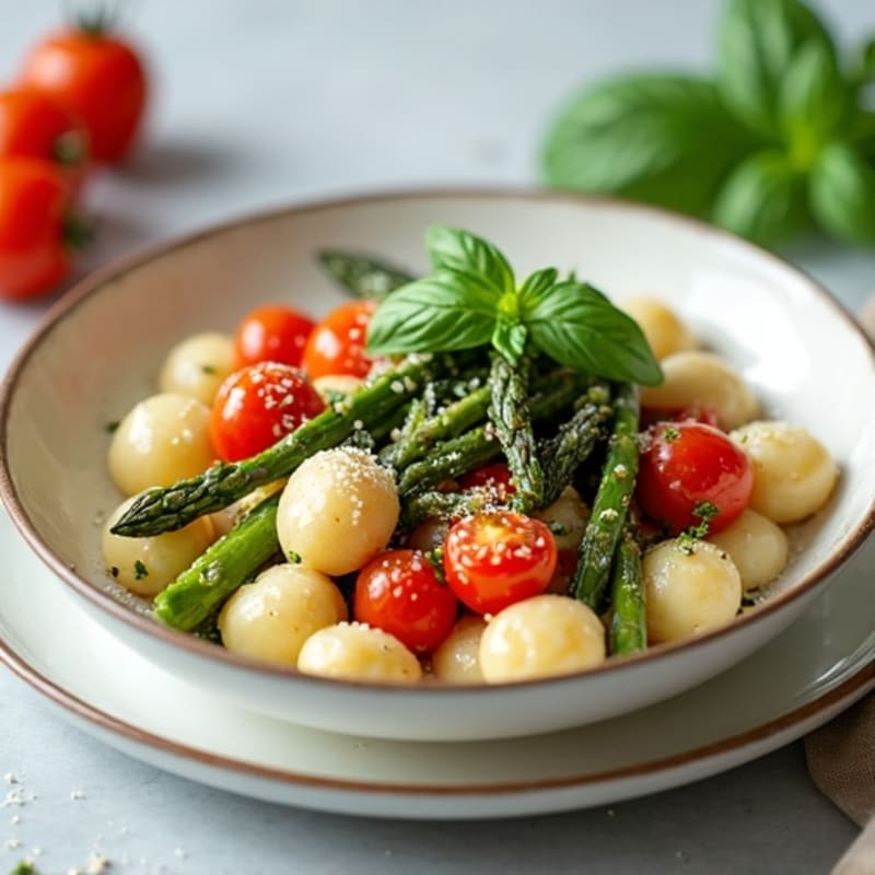 Fresh Ricotta Gnocchi with Lemon-Herb Roasted Asparagus and Cherry Tomatoes
