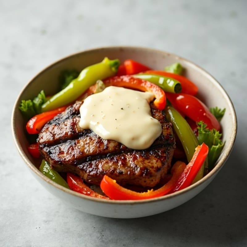 Lean Steak and Sautéed Pepper-Onion Bowl with Creamy Provolone Sauce