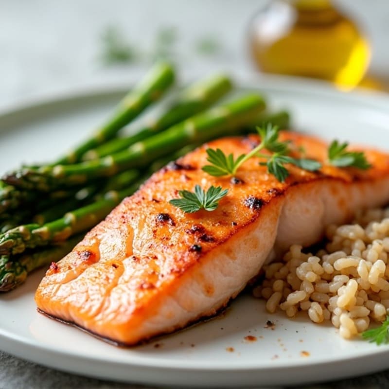 Seared Salmon with Steamed Asparagus and Brown Rice