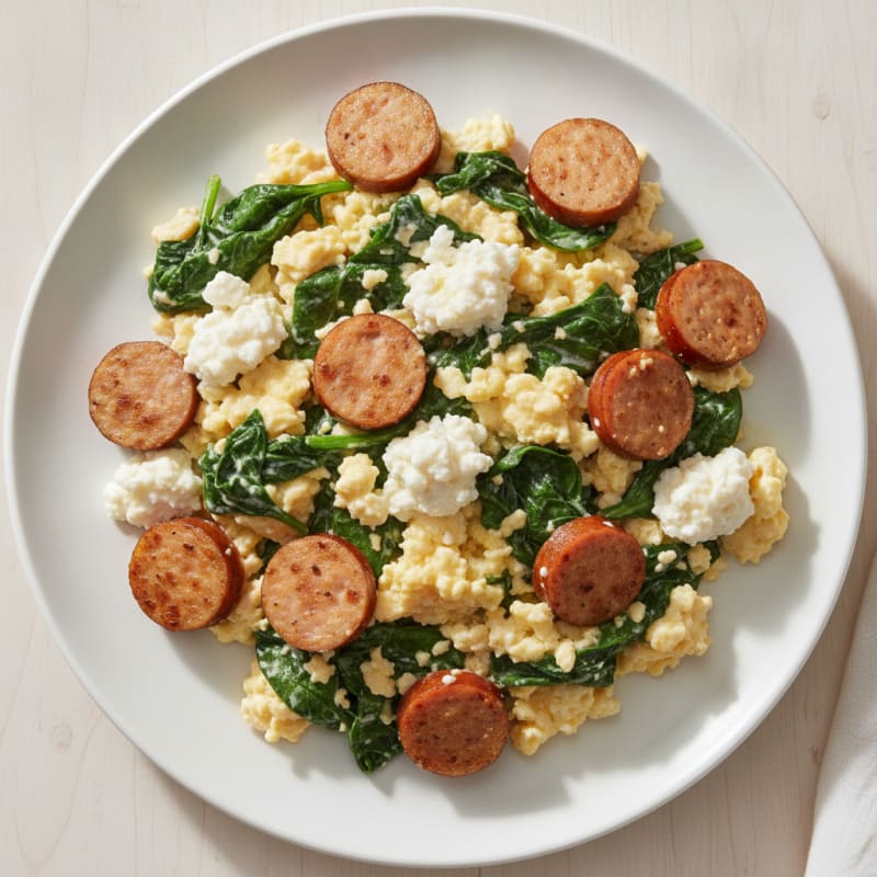 Cottage Cheese Scramble with Chicken Sausage and Spinach
