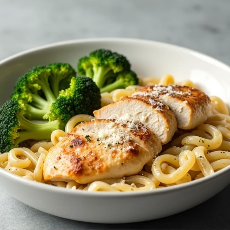 Healthy Creamy Chicken Alfredo with Whole Wheat Pasta and Roasted Broccoli