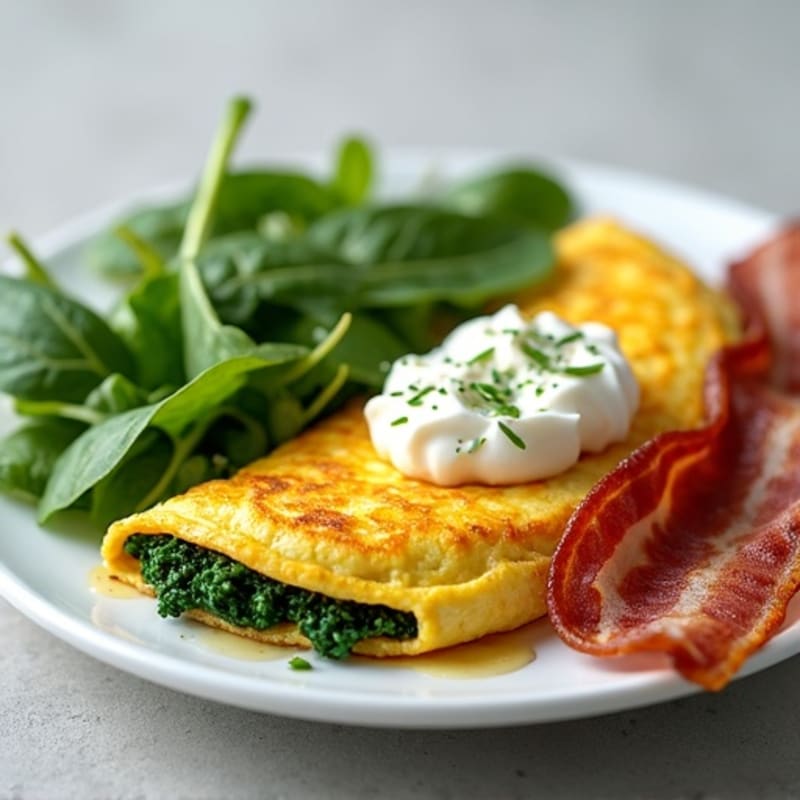 Egg White Spinach Omelet with Cottage Cheese and Turkey Bacon