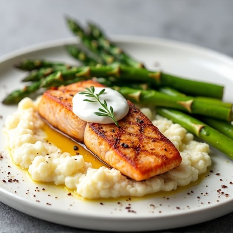 Seared Salmon with Steamed Asparagus and Cauliflower Mash