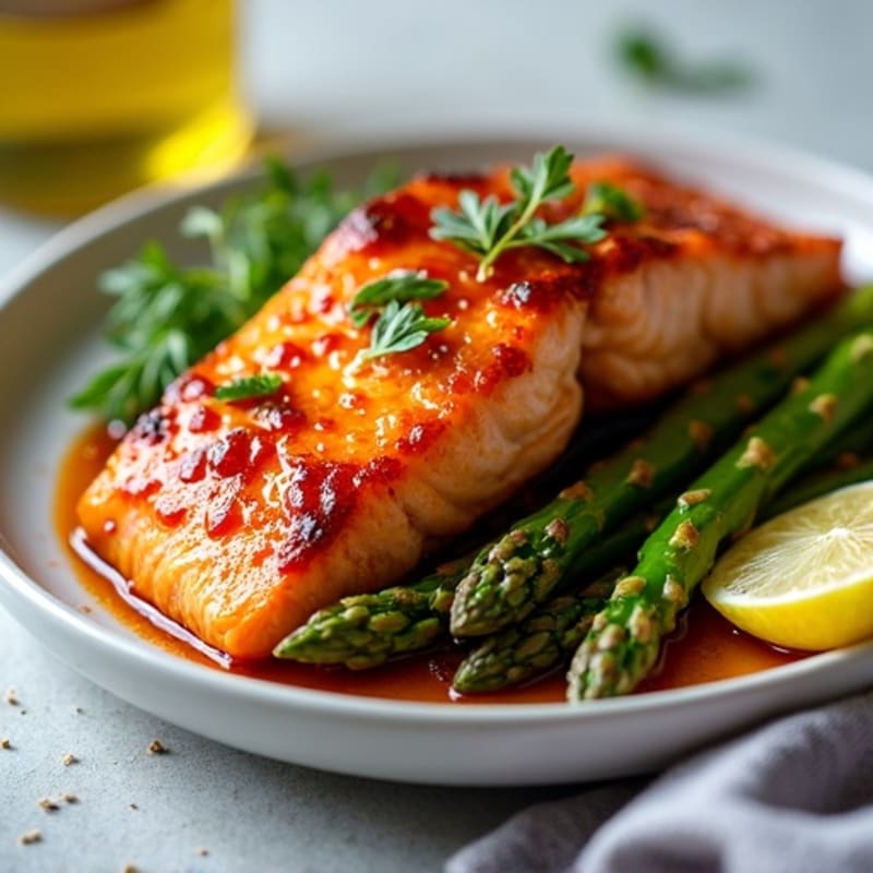 Crispy Chili-Garlic Glazed Salmon with Roasted Asparagus