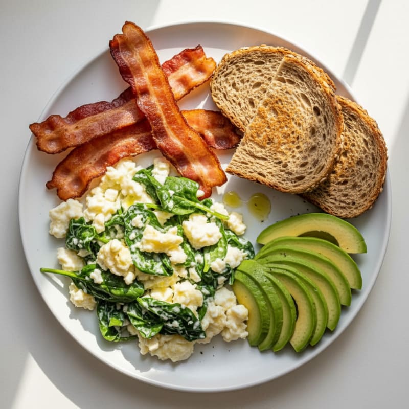 Crispy Turkey Bacon and Egg White Scramble with Sautéed Spinach