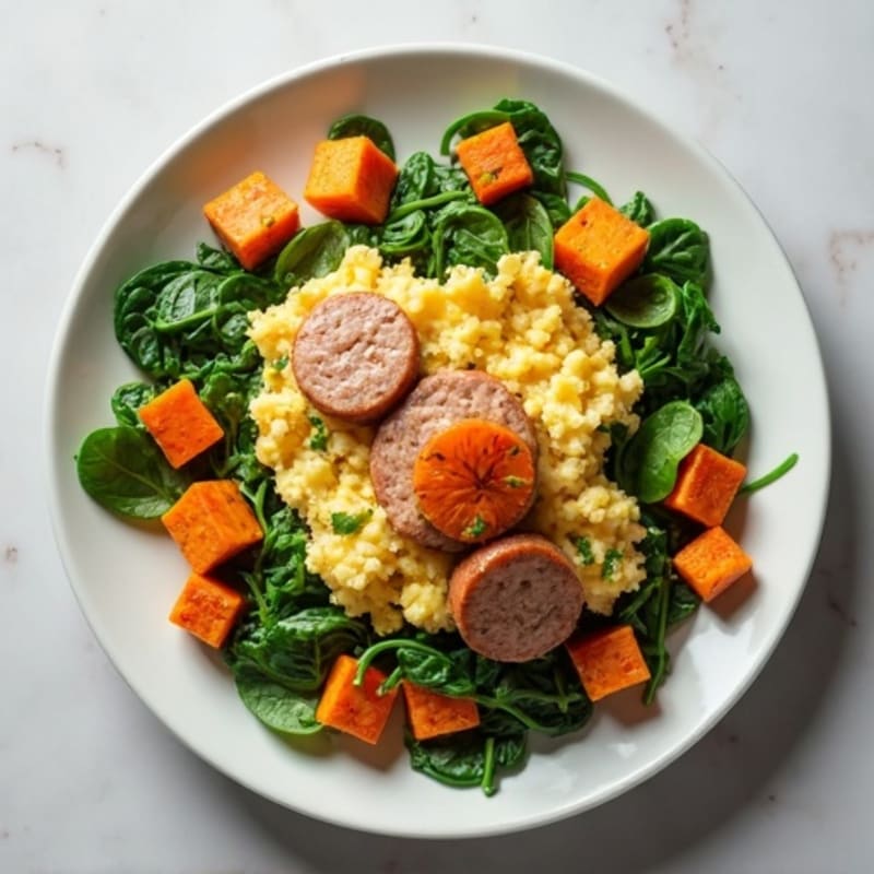 Egg White and Turkey Sausage Scramble with Spinach and Roasted Sweet Potatoes