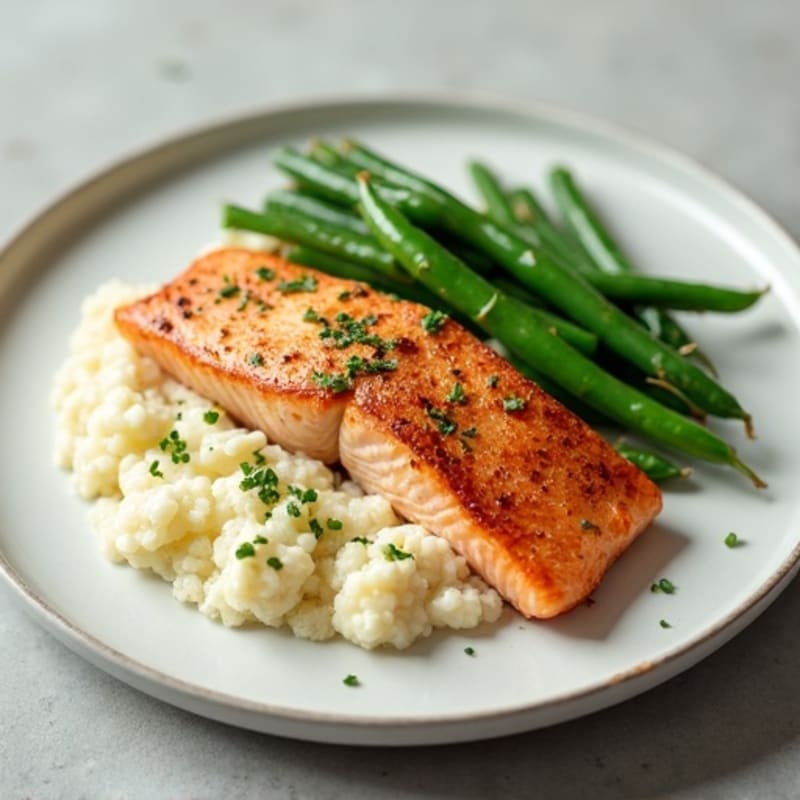 Seared Salmon with Steamed Green Beans and Cauliflower Mash