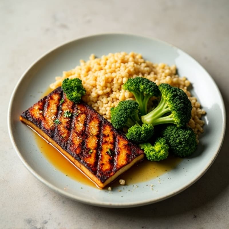 Grilled Tempeh with Quinoa and Roasted Broccoli