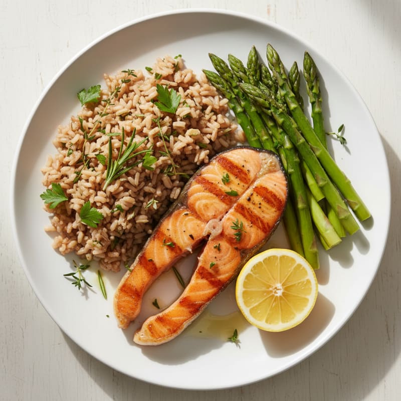 Seared Salmon Fillet with Steamed Asparagus and Herbed Brown Rice