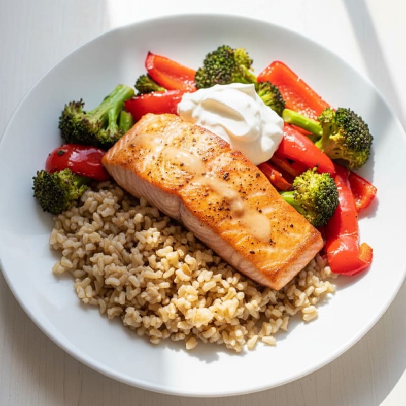 Seared Salmon with Roasted Vegetables and Brown Rice