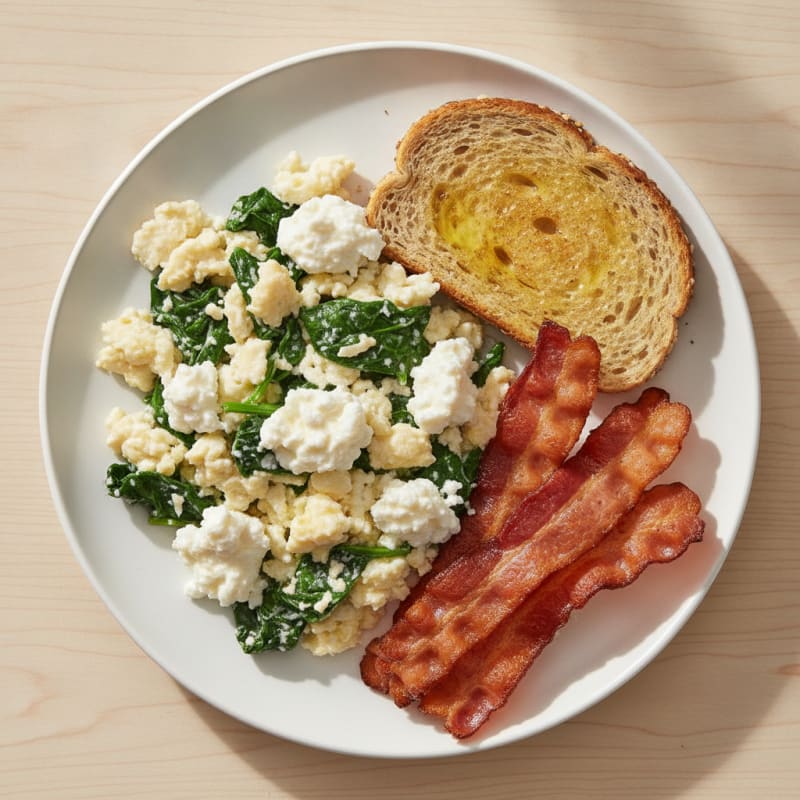 Egg White and Spinach Scramble with Cottage Cheese and Turkey Bacon
