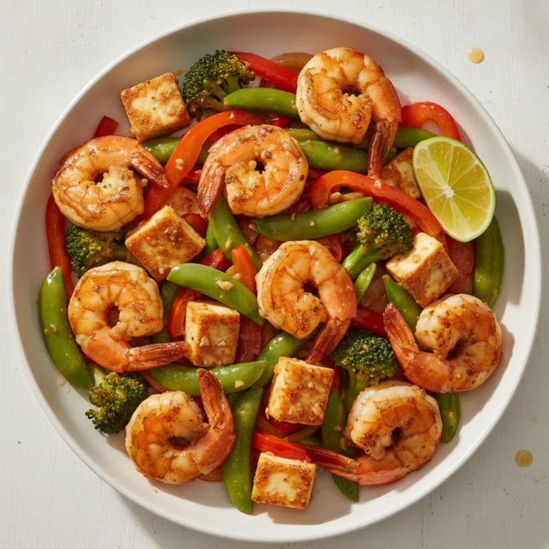 Seared Shrimp and Veggie Stir-Fry with Paneer Cubes