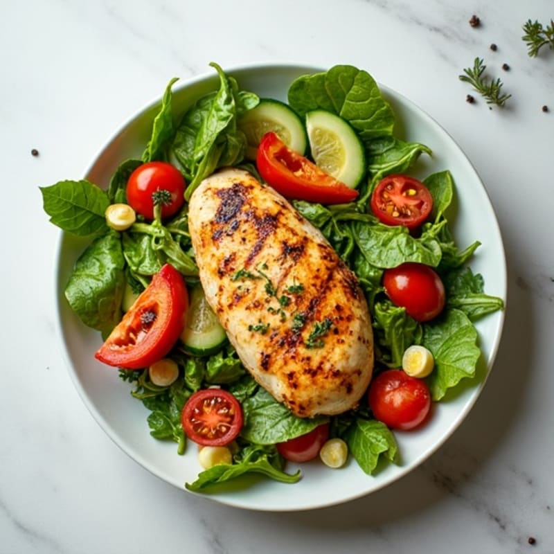 Grilled Chicken with Fresh Greens, Crispy Vegetables, and Lemon-Herb Vinaigrette