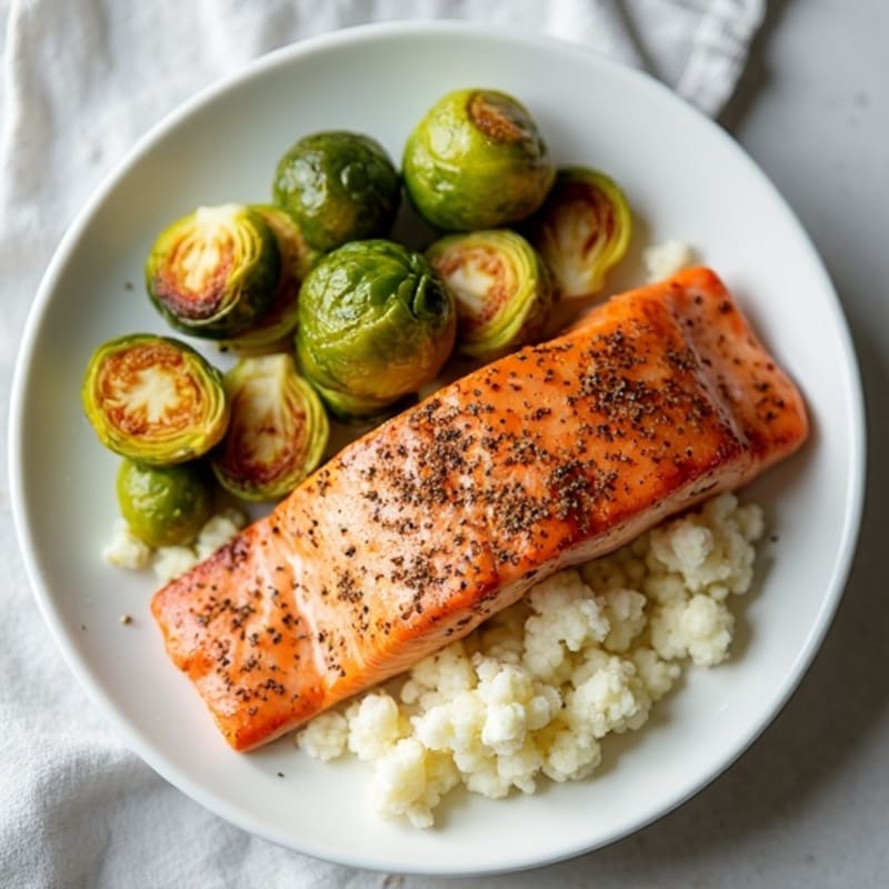 Seared Salmon Fillet with Roasted Brussels Sprouts and Cauliflower Mash