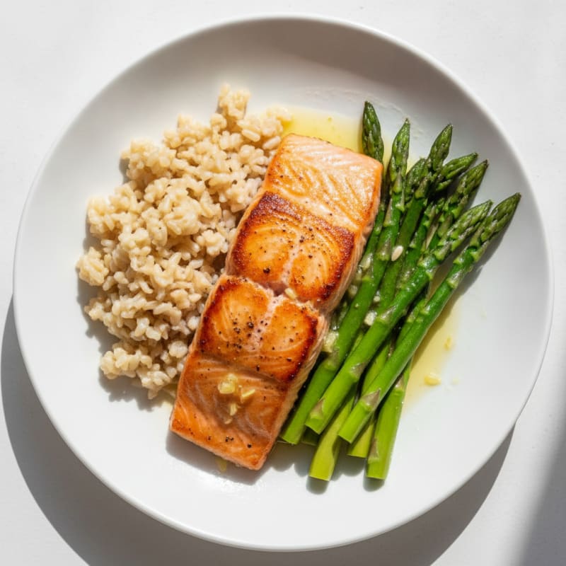 Seared Salmon Fillet with Steamed Asparagus and Brown Rice