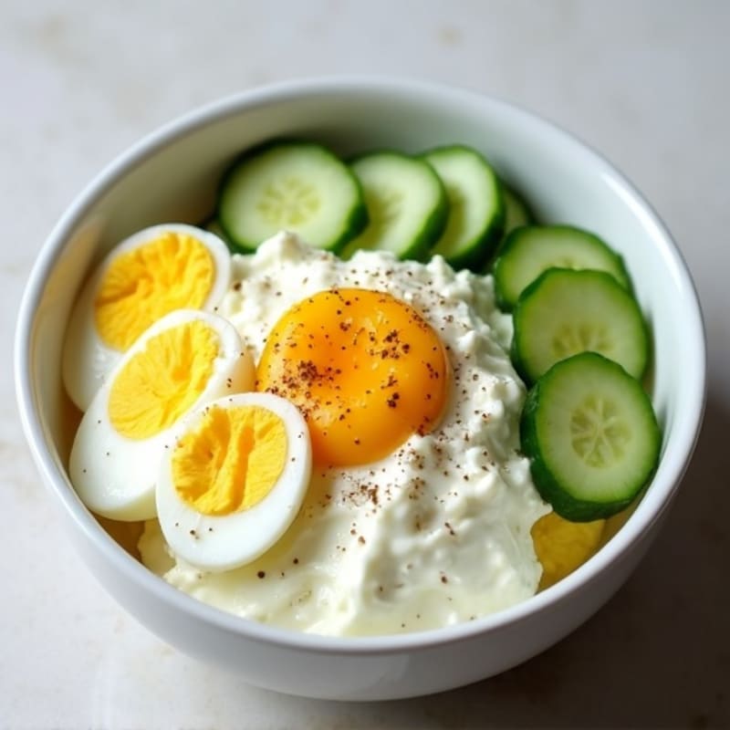 Creamy Cottage Cheese Bowl with Hard-Boiled Eggs and Crunchy Cucumber