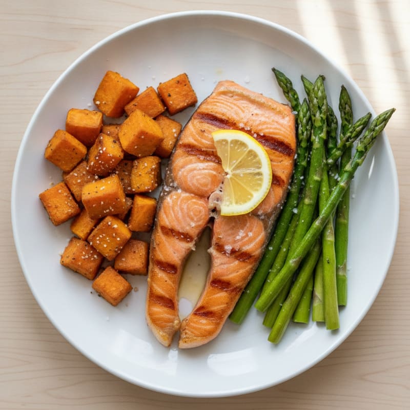 Seared Salmon Fillet with Roasted Sweet Potato and Asparagus