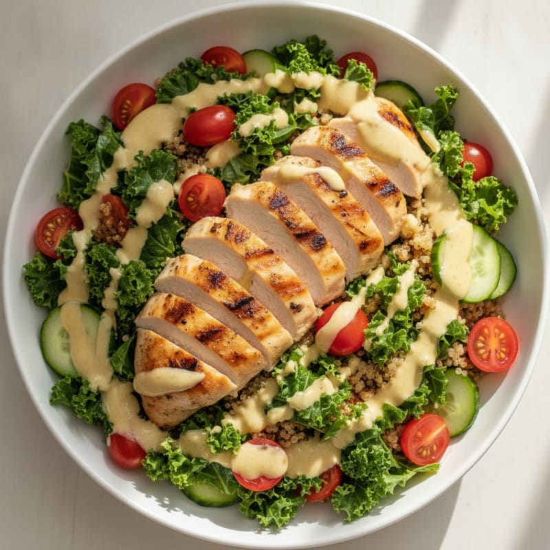 Grilled Chicken and Quinoa Power Bowl with Lemon-Tahini Dressing