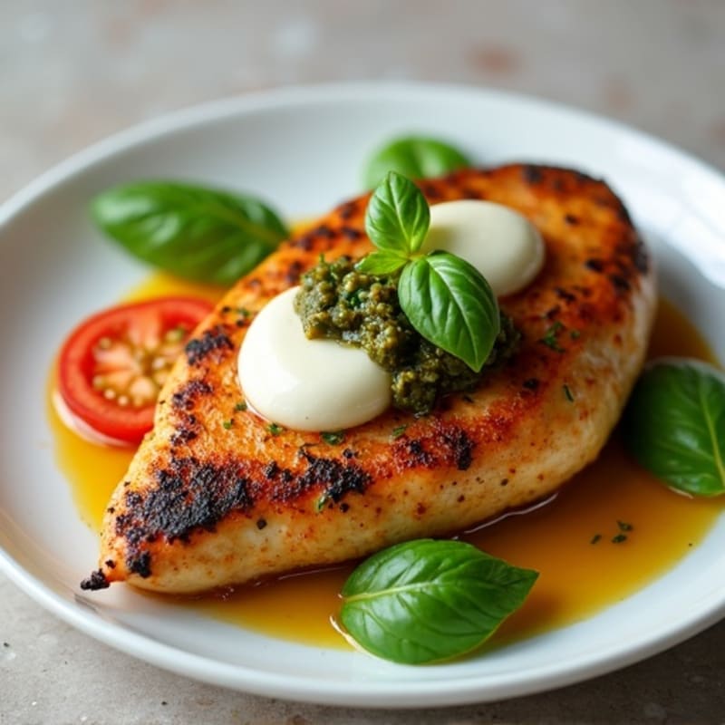 Pan-Seared Chicken with Creamy Basil Pesto, Fresh Tomatoes, and Mozzarella