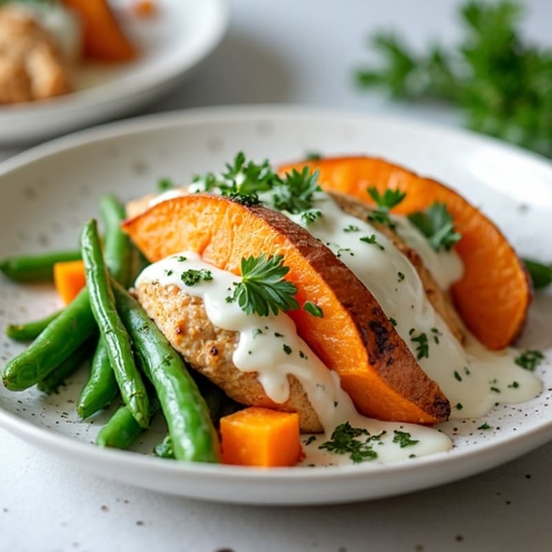 Creamy Herb Chicken with Roasted Sweet Potatoes and Green Beans