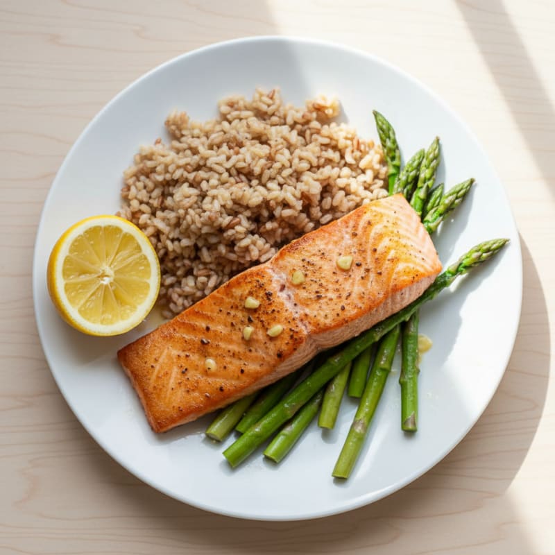 Seared Salmon Fillet with Steamed Asparagus and Brown Rice