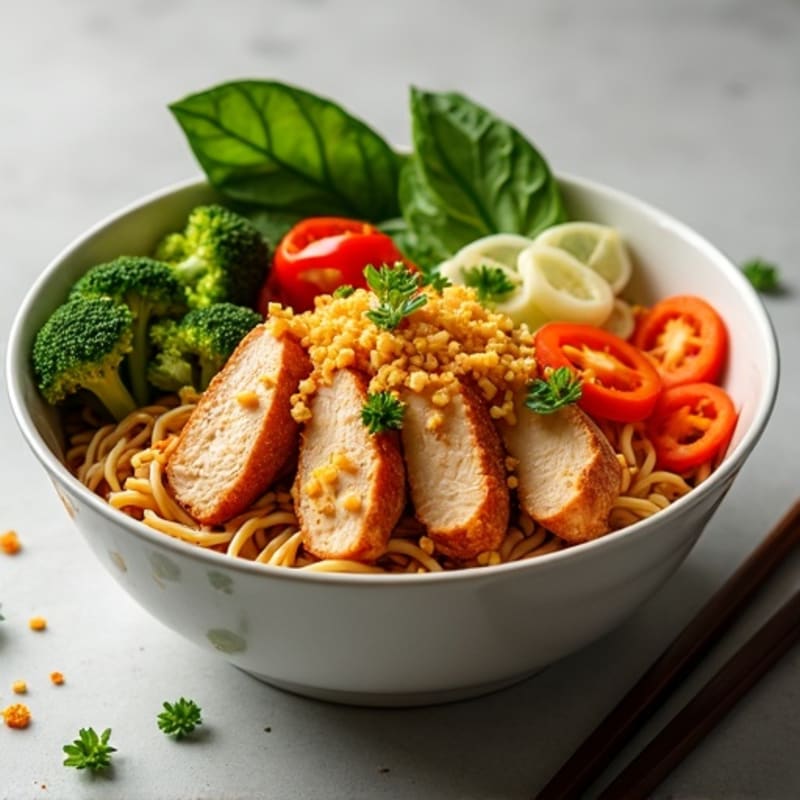 Spicy Sriracha Chicken Ramen Bowl with Fresh Vegetables