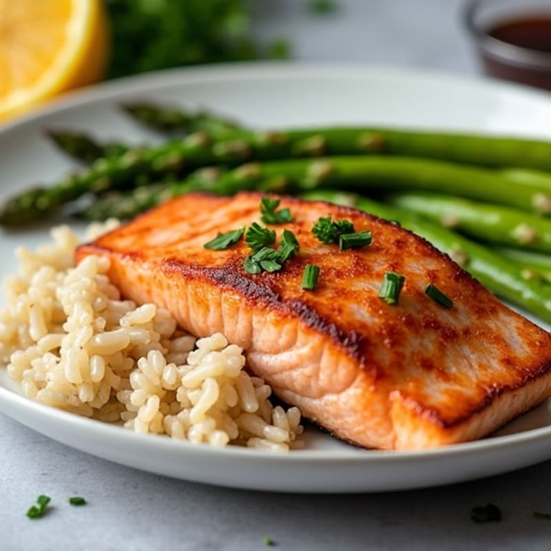 Seared Salmon Fillet with Steamed Asparagus and Brown Rice