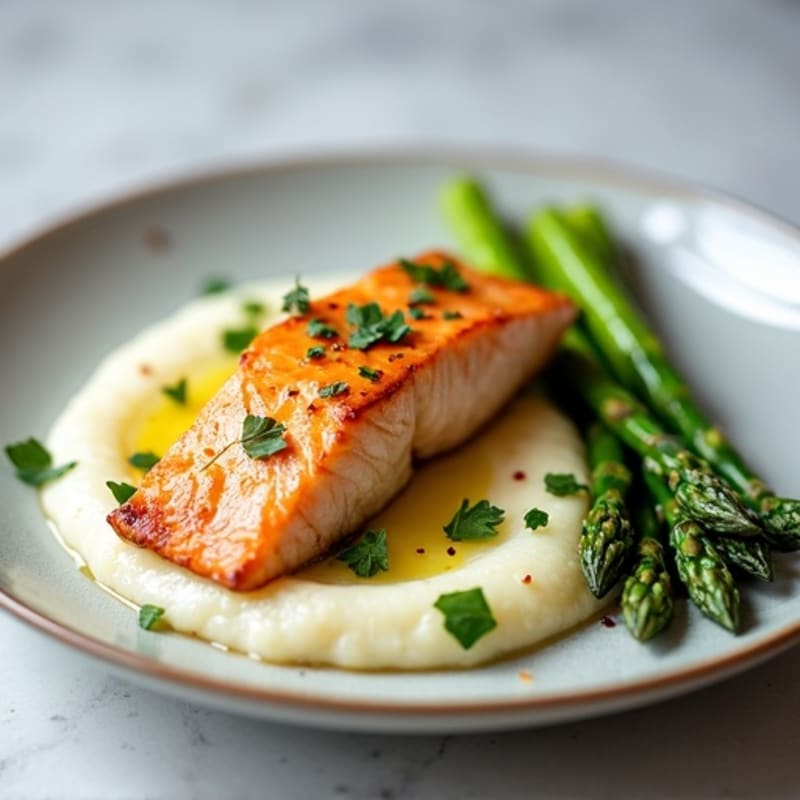 Seared Salmon with Steamed Asparagus and Cauliflower Mash