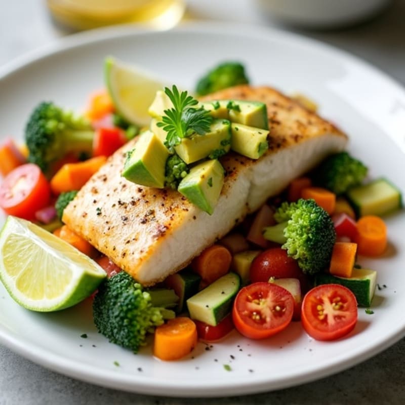 Pan-Seared Fish with Steamed Mixed Vegetables and Avocado Salsa