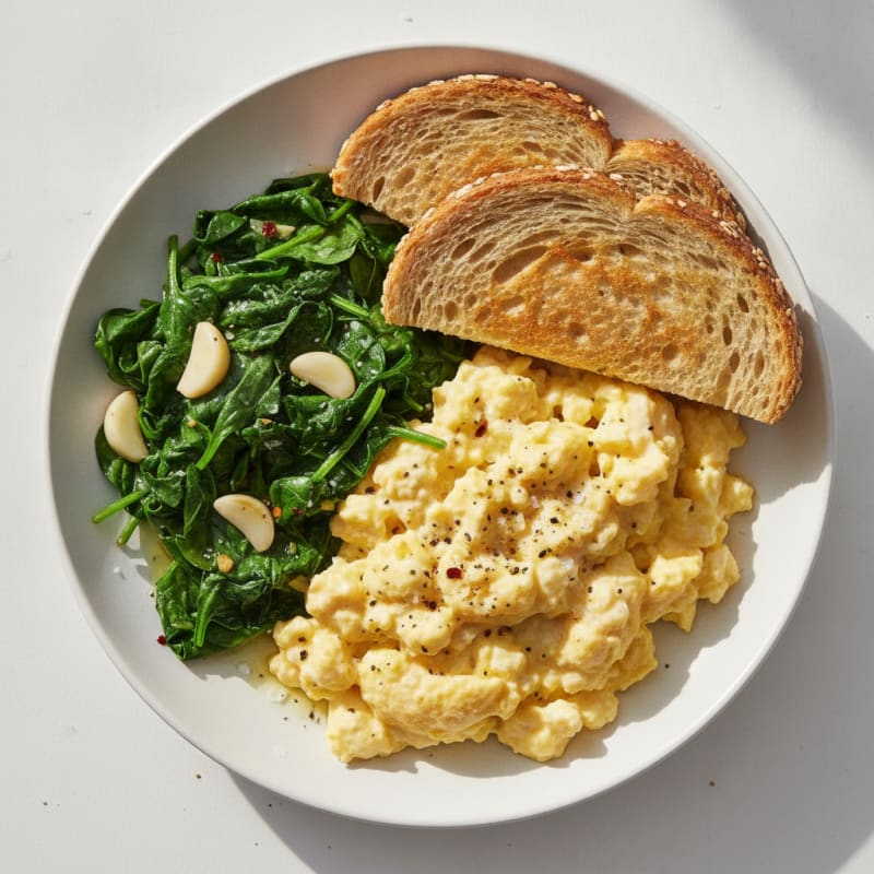 High-Protein Scrambled Eggs with Sautéed Spinach and Sprouted Toast