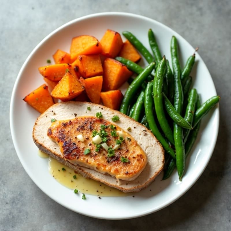 Seared Turkey Breast with Roasted Sweet Potatoes and Garlic Green Beans
