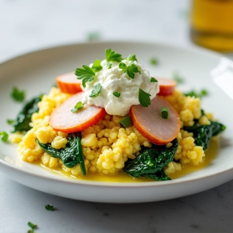 Egg White and Spinach Scramble with Cottage Cheese and Sliced Turkey