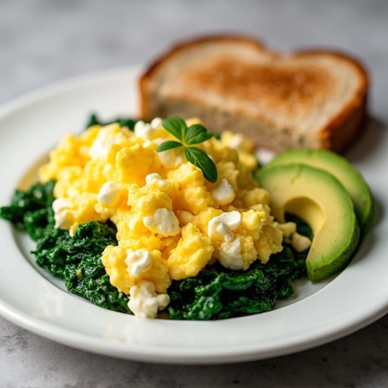 Scrambled Eggs with Cottage Cheese and Sautéed Spinach