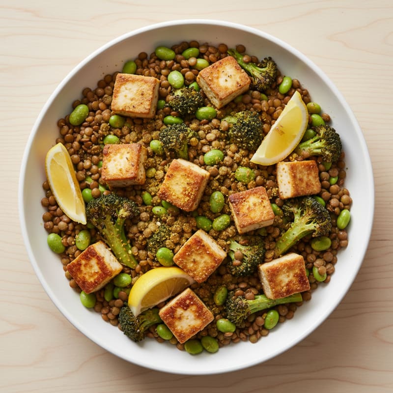 Crispy Tofu and Lentil Power Bowl with Roasted Broccoli
