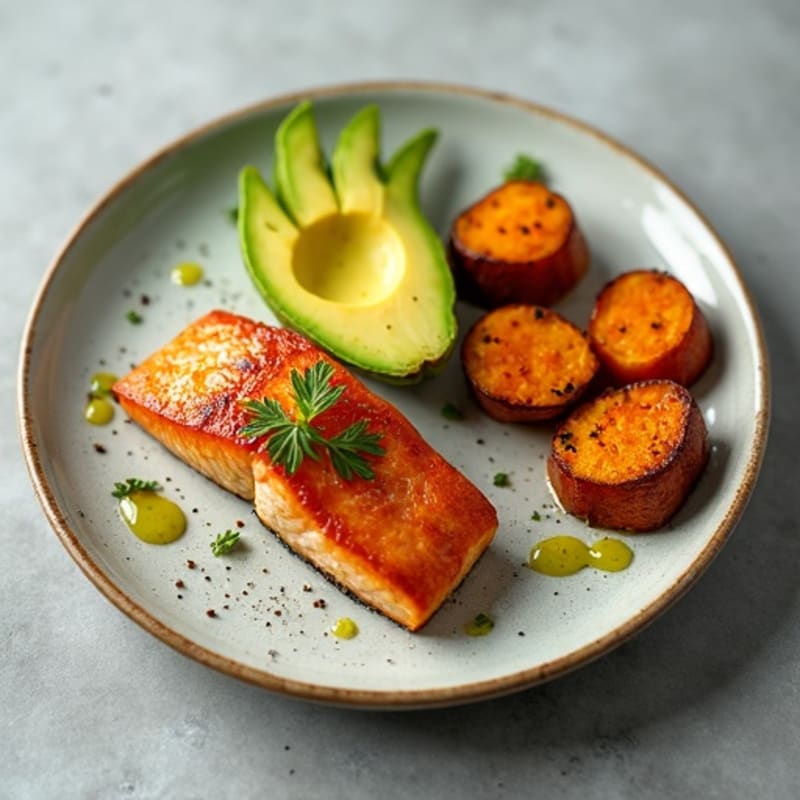 Crispy Salmon with Creamy Avocado and Roasted Sweet Potatoes