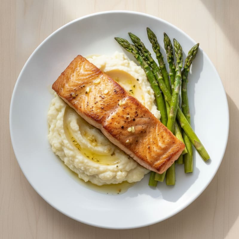 Seared Salmon with Roasted Asparagus and Cauliflower Mash
