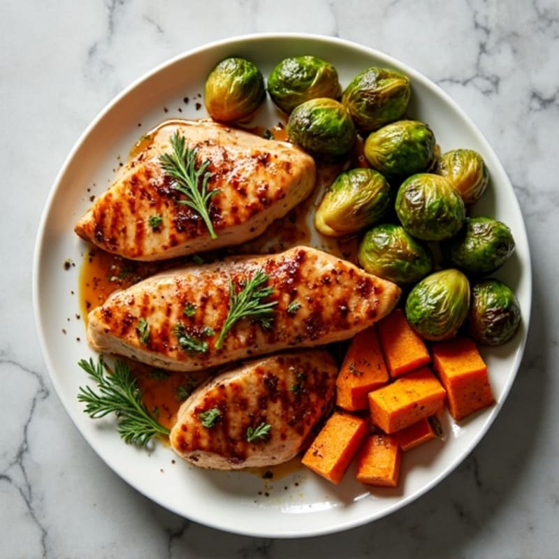 Sheet Pan Balsamic Chicken and Brussels Sprouts with Roasted Sweet Potatoes