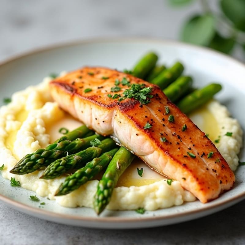 Seared Salmon with Steamed Asparagus and Cauliflower Mash