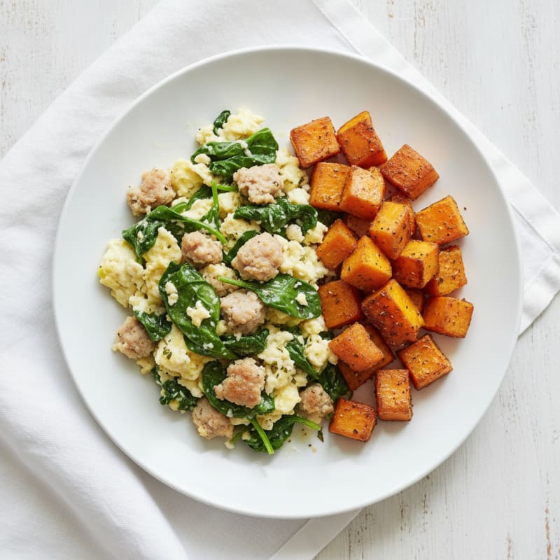 Egg White and Turkey Sausage Scramble with Spinach and Roasted Sweet Potatoes