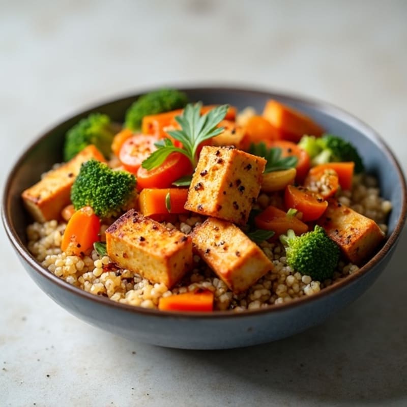 Crispy Peanut Baked Tofu with Roasted Vegetables and Quinoa