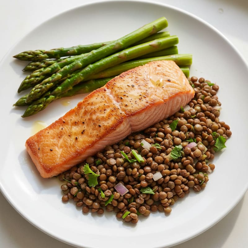 Seared Salmon Fillet with Lentil Salad and Steamed Asparagus