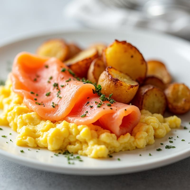 Creamy Scrambled Eggs with Smoked Salmon and Roasted Potatoes
